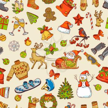Holidays funny pictures. Vector seamless pattern with christmas icons. Xmas and new yeat background illustration