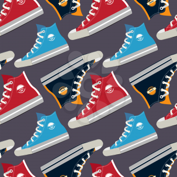Pictures of colored sneakers. Vector seamless pattern with fashion footwear shoelace illustration