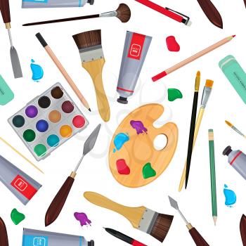 Equipment for artists. Different stationery. Seamless pattern stationery equipment for drawing pencil and paint. Vector illustration