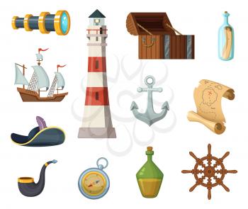 Marine vector objects. Chest, compass, treasure map and other objects in cartoon style. Bottle of rum, anchor and tube, map and spyglass illustration