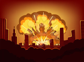 War and damages after big explosion in the city. Monochrome urban landscape with burn sky after atomic bomb. Nuclear radioactive armageddon, vector illustration