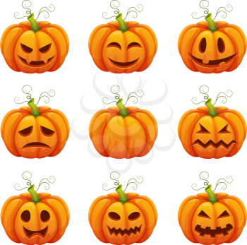Pumpkin with funny faces. Different emotions. Halloween symbols in cartoon style