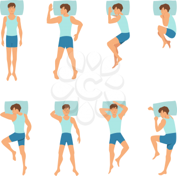 Different positions of sleeping man. Top view vector illustrations. Man position comfortable for sleep and relax