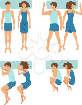 Top view of couple sleeping together in different funny positions. Vector collection in cartoon style. Woman and man sleep in bed illustration