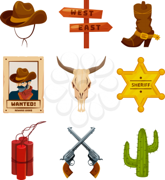Wild west collection icons. Western illustrations at cartoon style. Boots, guns, cactus and skull. Wild west elements sheriff star badge