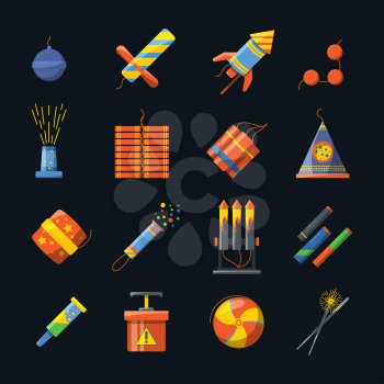 Pyrotechnics for holidays and different tools for fire show. Vector icons set of pyrotechnic firecracker and petard, rocket and bomb dynamite in flat style illustration