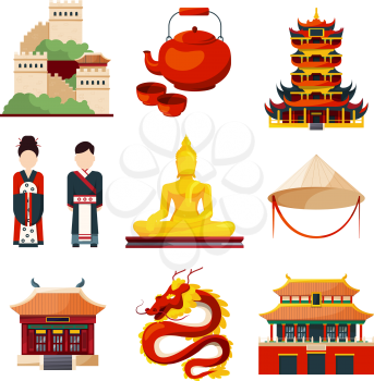 Traditional chinese cultural objects in vector style. China traditional oriental elements pagoda and teapot illustration