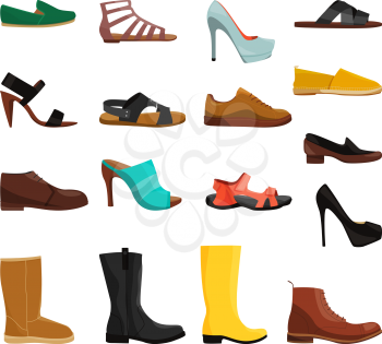 Different casual shoes of men and women. Vector pictures set. Fashion footwear and boots woman and man illustration