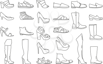 Different shoes for men and women. Vector illustrations in linear style. Footwear fashion man and woman, shoes and sneaker line illustration