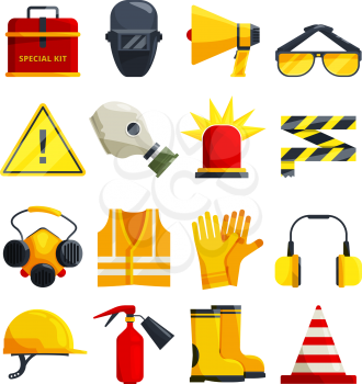 Protection clothing for work and safety equipment. Protective equipment and safety mask glasses, vector illustration