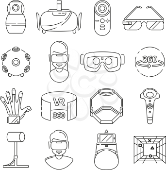 Linear symbols of technology. Virtual reality and vr glasses. 3d rotation. Vr game in glasses, vector illustration