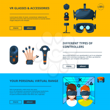 Three horizontal banners set with vector illustrations of virtual reality with future technology. Virtual reality device futuristic