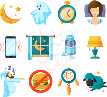 Symbols of night. Sleeping icon set. Insomnia and sleep night, dream and nap, vector illustration