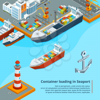 Dry cargo ship with containers. Maritime industrial work. Isometric illustrations. Ship transport in sea port, isometric cargo transportation