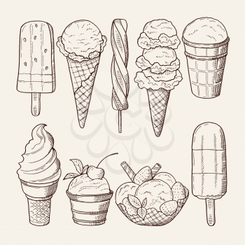 Different ice creams with chocolate and lollipops. Vector illustrations isolate. Ice cream sweet food vanilla in waffle cone