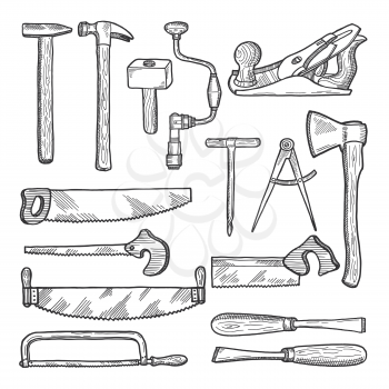 Tools in carpentry workshop. Vector hand drawn illustration. Set of tools for carpentry, equipment hammer and saw