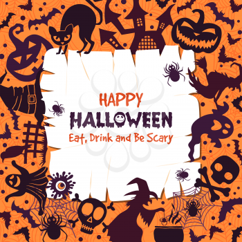 Invitation for halloween party. Scary background with different symbols of halloweens celebration. Vector monochrome pictures