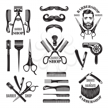Illustrations set of different barber shop tools. Symbols for badges and labels. Barber shop and hair salon for man badge vector