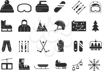 Monochrome icon set of winter sport. Vector black pictures. Winter sport hockey and skates, sledding and snowboard illustration