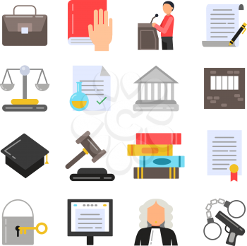Symbols of legal regulations. Juridical icons set in flat style. Legal juridical, tribunal and judgment, law anb gavel, vector illustration