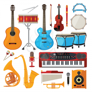 Bongo, drums, guitar and other musical instruments. Vector illustrations in cartoon style. Piano and saxophone, guitar and trumpet