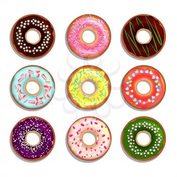Different donuts in cartoon style. Vector illustrations isolate on white. Set of donut bakery chocolate and sugar pastry dessert