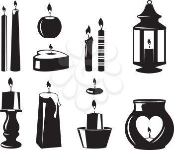 Monochrome vector symbols of candles for birthday party. Candle christmas and birthday, wax and wick silhouette illustration
