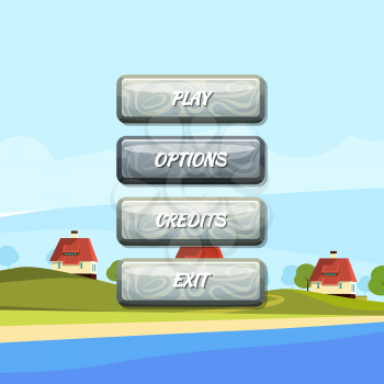 Vector cartoon style wavy enabled and disabled buttons with text for game design on peaceful landscape with houses and sky background illustration