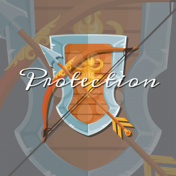 Vector fantasy cartoon style game design medieval crossed shield, arrow and bow elements with lettering and shadows illustration