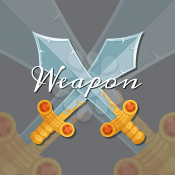 Vector fantasy cartoon style game design medieval crossed sword elements with lettering and shadows illustration