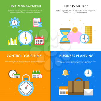 Concept illustrations at time management theme. Vector pictures in modern flat style. Management and optimization time strategy