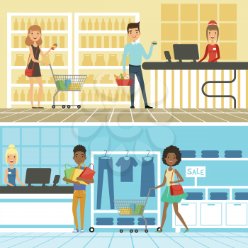 Groups of funny and happy people make shopping in supermarket. Vector horizontal banners shop and store, retail market with shopper illustration