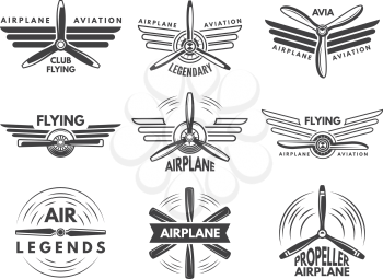 Labels an logos for military aviation. Aviator symbols in monochrome style. Aviation and airplane emblem, aircraft flight logo or badge illustration