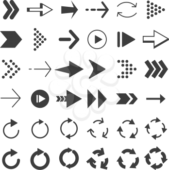Monochrome pictures of modern arrows in different styles. Collection of arrow next and right, upload and repeat illustration