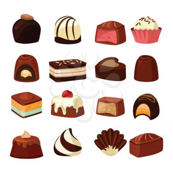 Chocolate sweets with different fillings. Vector illustrations in cartoon style. Chocolate food sweet dessert of collection