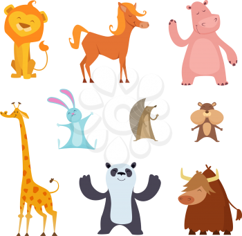 Exotic wild animals in cartoon style. Wild mammal character, tropical hippopotamus and panda, bull and giraffe, buffalo illustration vector