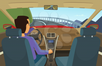 Driver inside his car. Vector illustration in cartoon style. Driver car, automobile transportation on road