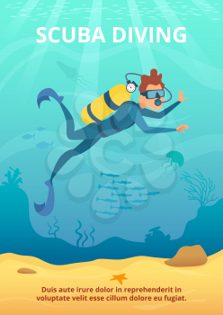 Underwater background picture with cartoon diver. Vector underwater sea, cartoon marine fish and diver illustration