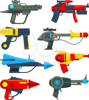 Fantastic space weapons in cartoon style. Weapon gun and pistol, toy blaster and laser. Vector illustration