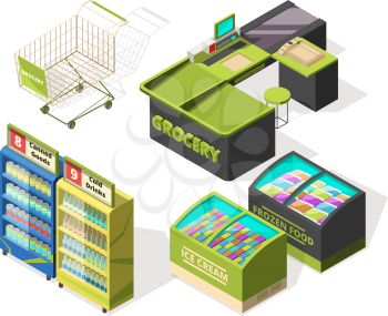 Isometric constructions for supermarket or warehouse. Shopping cart, terminal and food counters. Supermarket retail and counter, store market grocery. Vector illustration