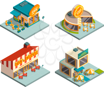 City cafe buildings. Isometric pictures. City isometric building cafe, architecture exterior shop. Vector illustration