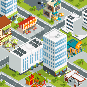 Urban landscape with restaurants and coffee buildings. Vector building city, urban isometric 3d map illustration