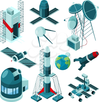Different constructions in space center for rocket launch. Space rocket and technology station platform. Vector illustration