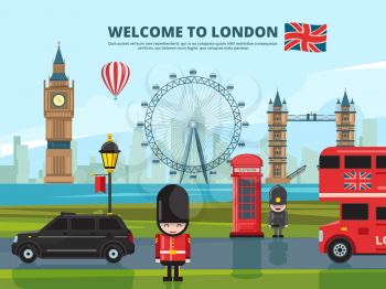 Background vector illustration with london urban landscape. England and uk landmarks. Urban london tower, landmark england architecture