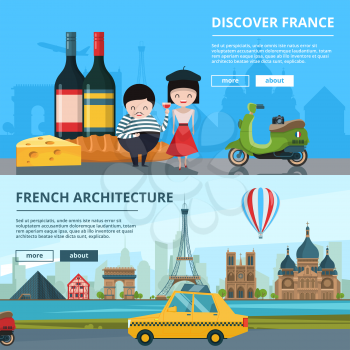 Banners set of french landmarks. Vector paris travel poster. Illustration of eiffel tower, cheese and wine