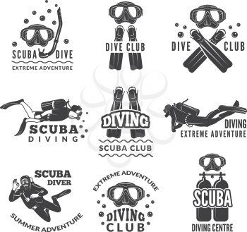 Labels or logos for diving club. Vector pictures set of divers and different specific equipment. Illustration of underwater scuba diving with snorkeling, hobby sport emblem