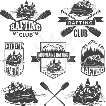 Labels for sport club of extreme dangerous water sport. Vector pictures of rafting sport water, canoe in river rafting extreme illustration