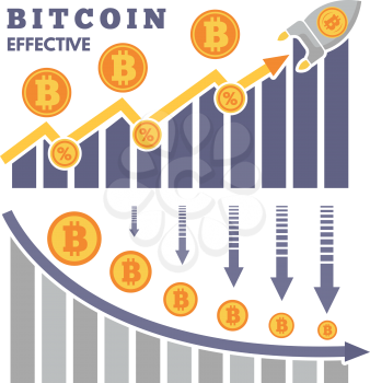 The rise and fall of bitcoin on exchange of cryptocurrency. Money currency bitcoin, exchange rise finance, vector illustration