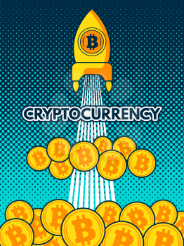 Cryptocurrency background illustration. Bitcoin to the moon. Crypto currency, coin money electronic, cryptography finance vector