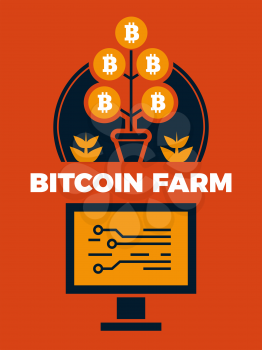 Financial concept illustration of bitcoin farm. Finance bitcoin and financial electronic currency vector